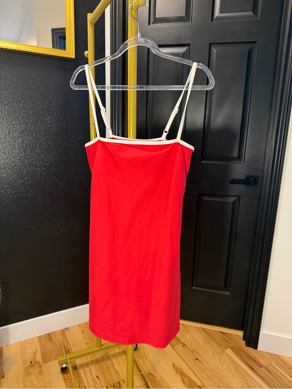 Red Spaghetti-Strap Slip Jumpsuit with White Trim
